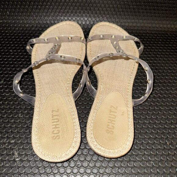 Schutz Loretta Vinyl Sandal Transparent Open Toed Studded Flats Women’s Size 7B - Picture 3 of 4